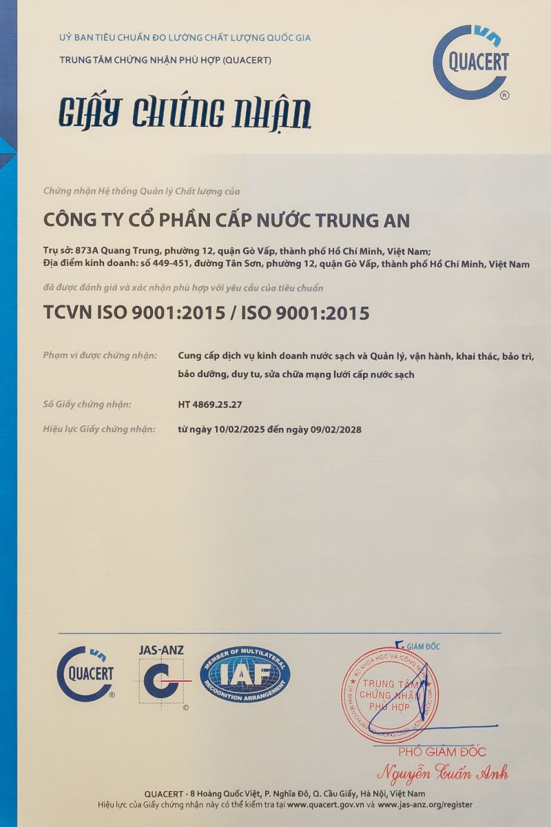 Công ty CP Cấp nước Trung An: Đạt chứng nhận ISO 9001:2015 về hệ thống quản lý chất lượng - Ảnh 1. Công ty CP Cấp nước Trung An: Đạt chứng nhận ISO 9001:2015 về hệ thống quản lý chất lượng - Ảnh 1.